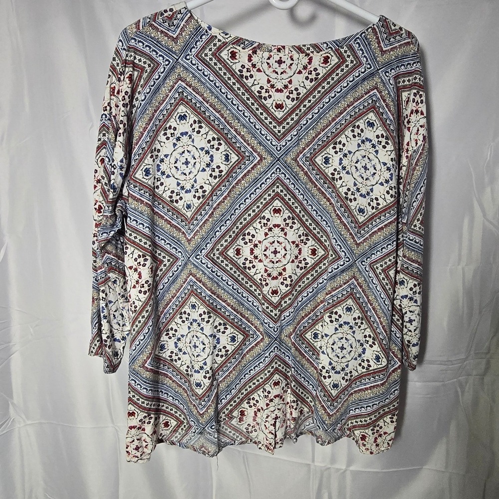 J. Jill Womens Medallion Print Rayon Blouse indie boho 3/4 Sleeve Blue Red M